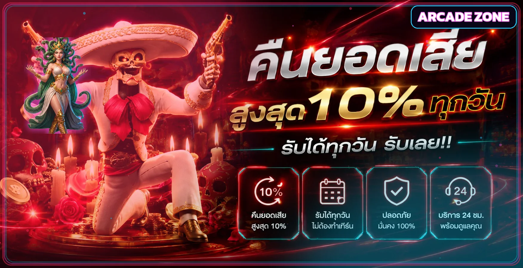 แบนเนอร์สล็อตออนไลน์ Arcade Zone พร้อมตัวละครเกมโทนนีออน
