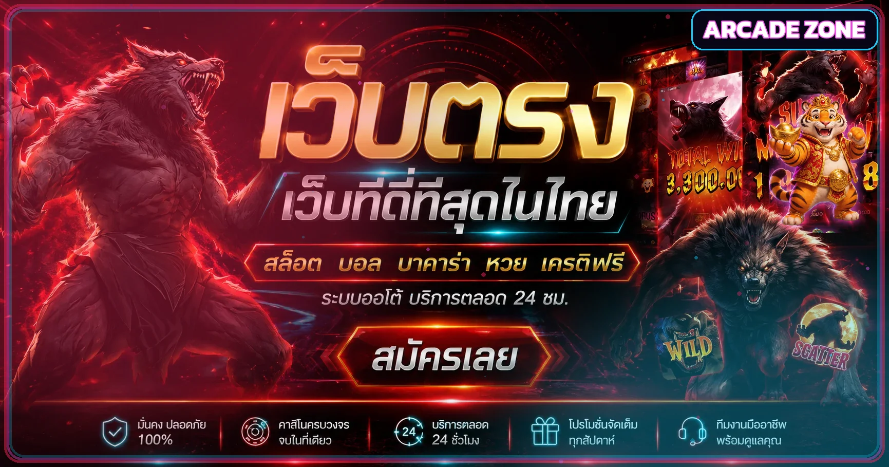 แบนเนอร์ Arcade Zone พร้อมตัวละครเกมและเอฟเฟกต์นีออน